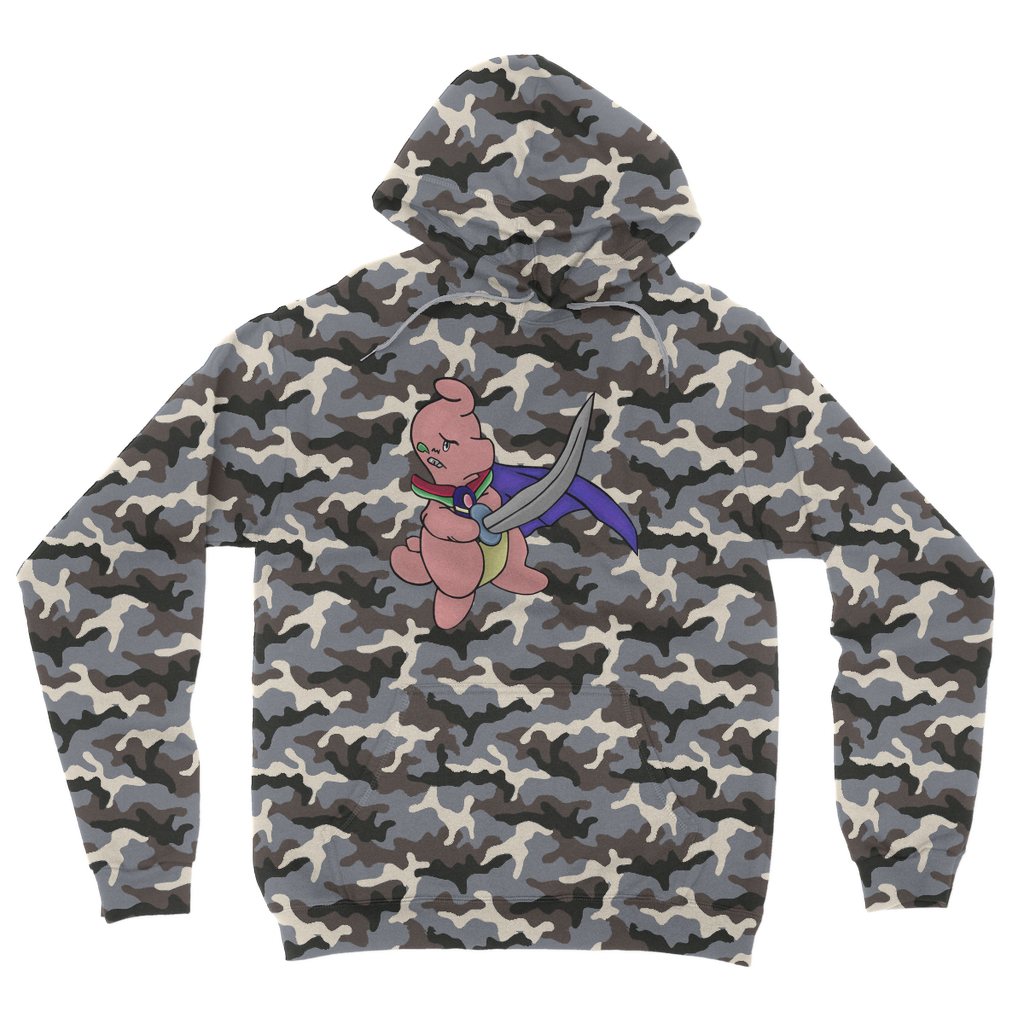 Curswordsman Camouflage Adult Hoodie featuring an all-over camo design, flat lace drawcords, and kangaroo pouch pocket.