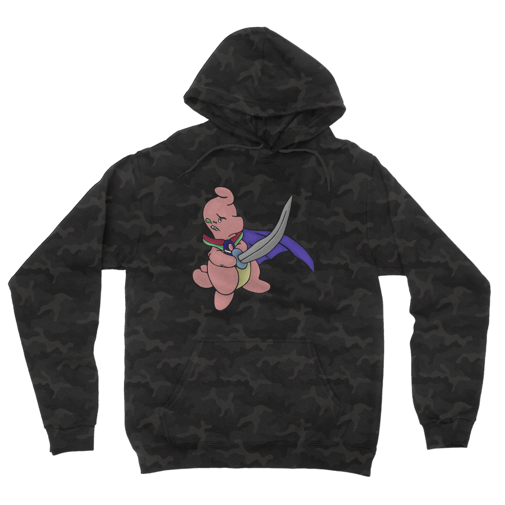 Curswordsman Camouflage Adult Hoodie featuring an all-over camo design, flat lace drawcords, and kangaroo pouch pocket.