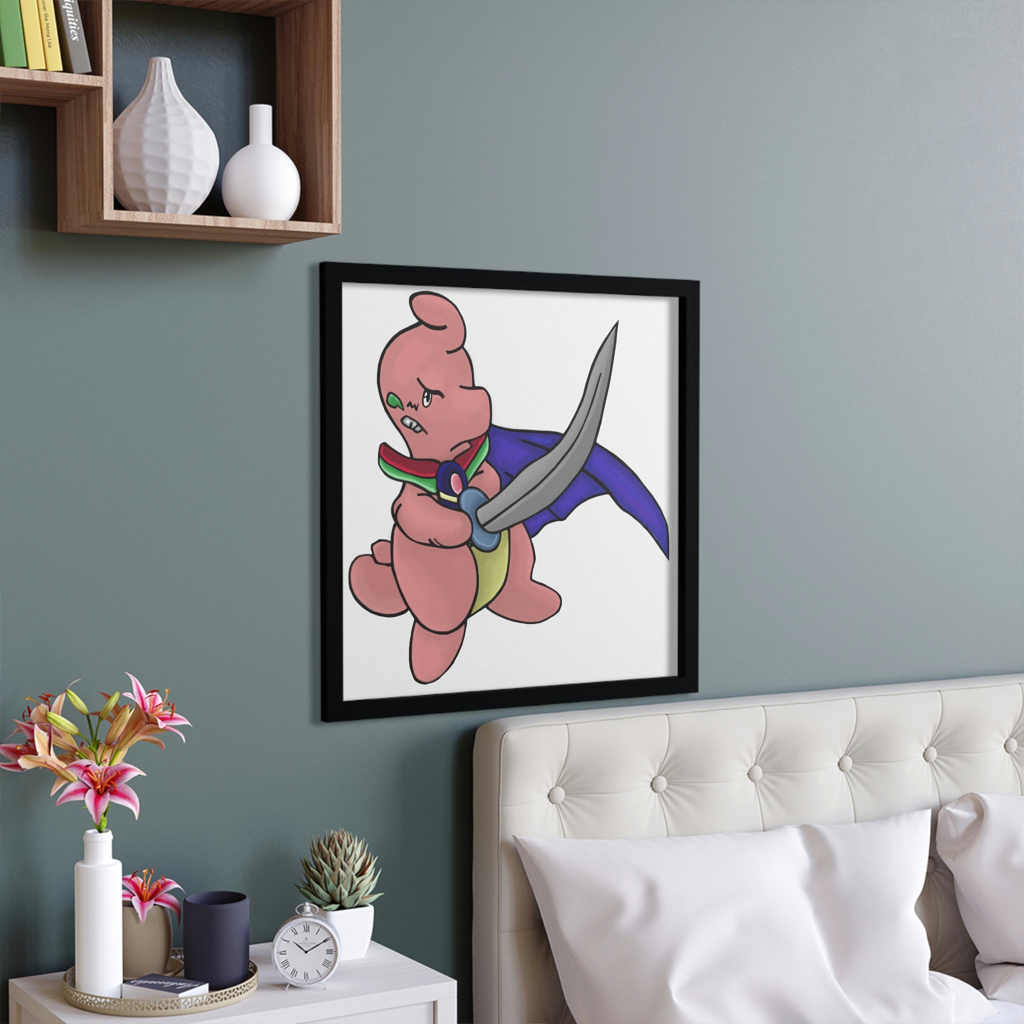 Curswordsman Framed Poster with a hand-crafted wooden frame, showcasing vibrant custom artwork.