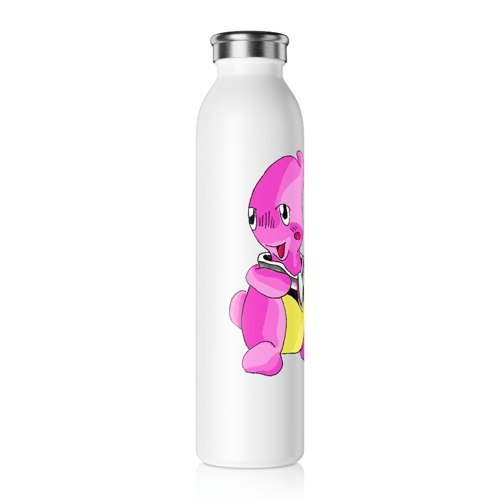 Curswordsman Slim Water Bottle with customizable matte finish and silver stainless steel cap, showcasing vibrant designs.