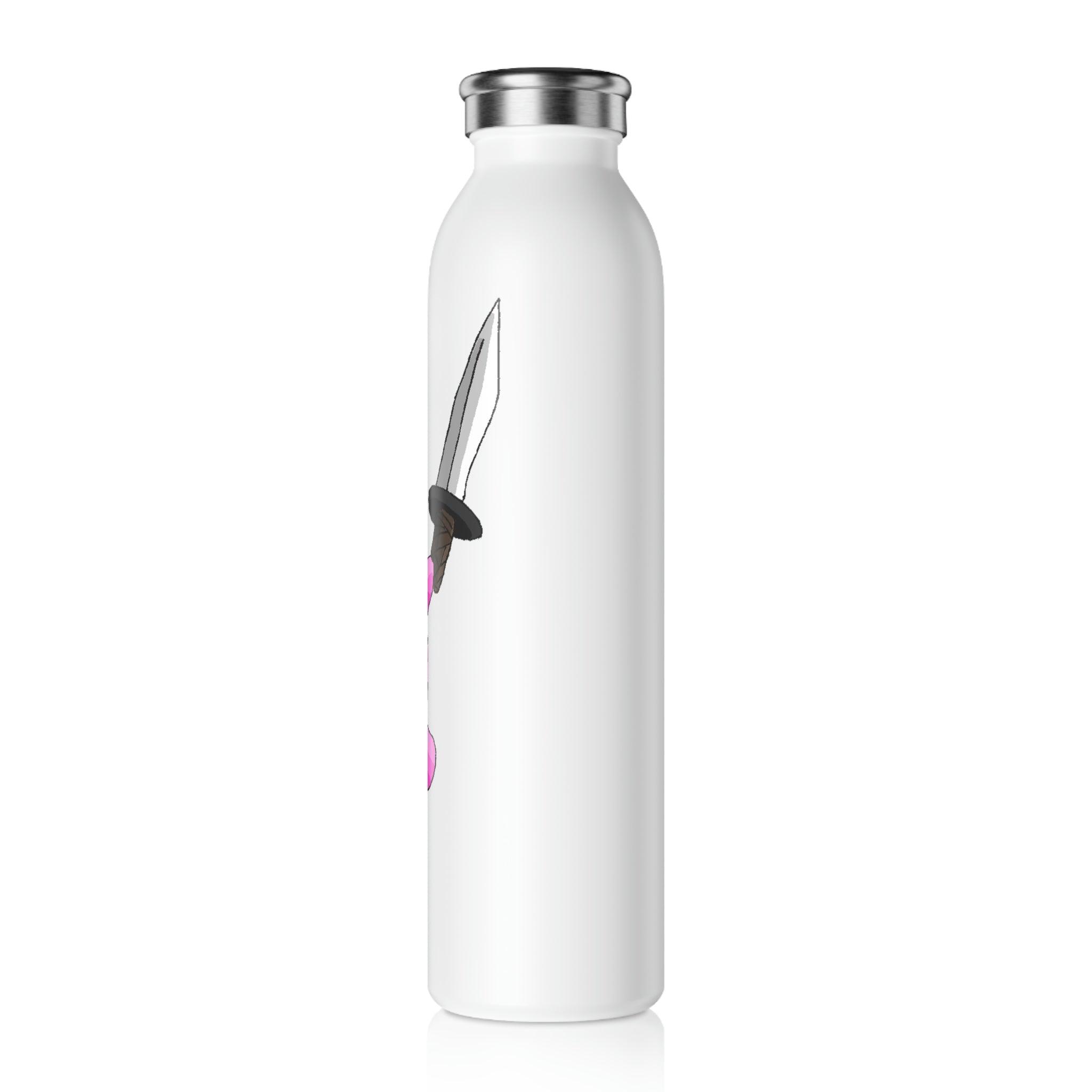 Curswordsman Slim Water Bottle with customizable matte finish and silver stainless steel cap, showcasing vibrant designs.