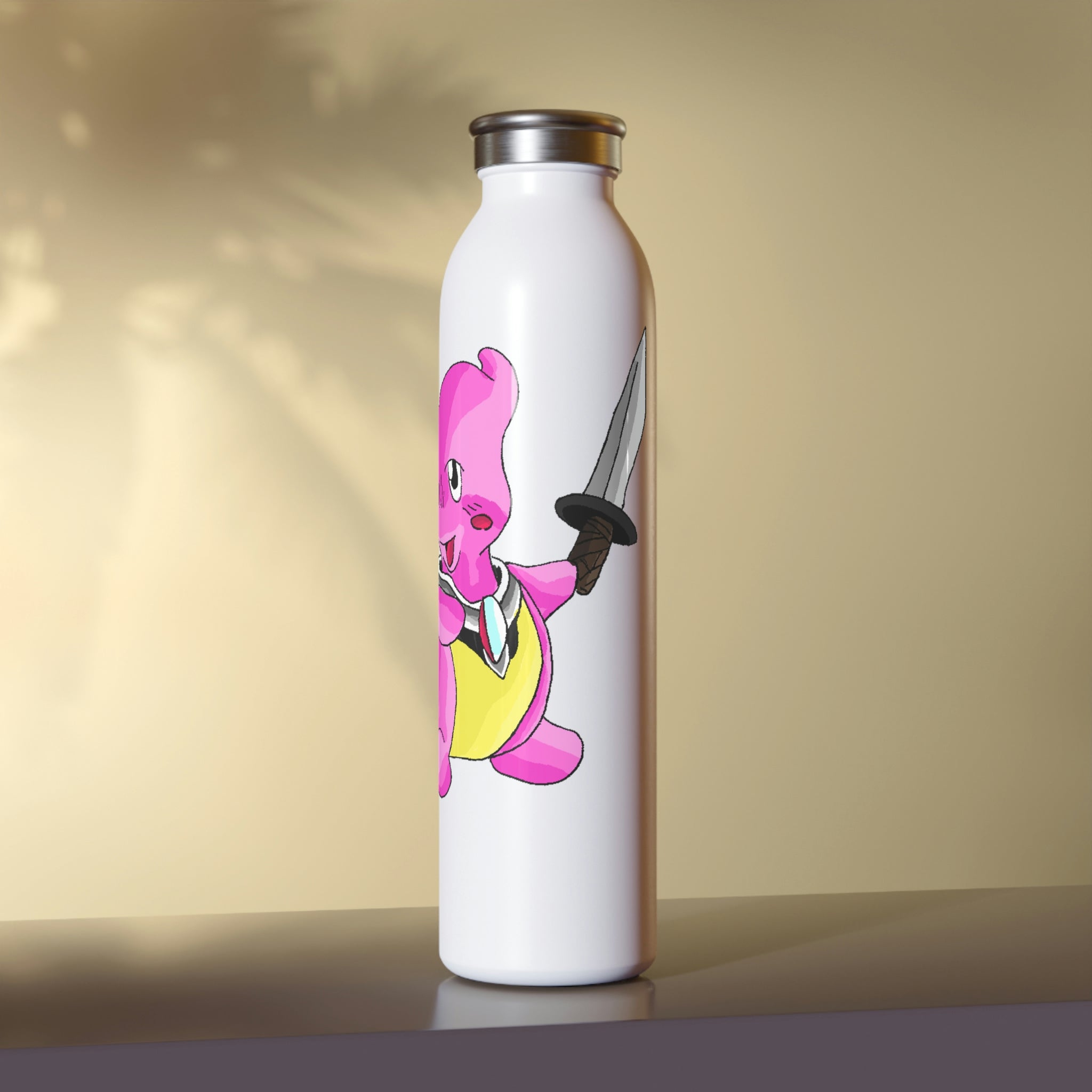 Curswordsman Slim Water Bottle with customizable matte finish and silver stainless steel cap, showcasing vibrant designs.