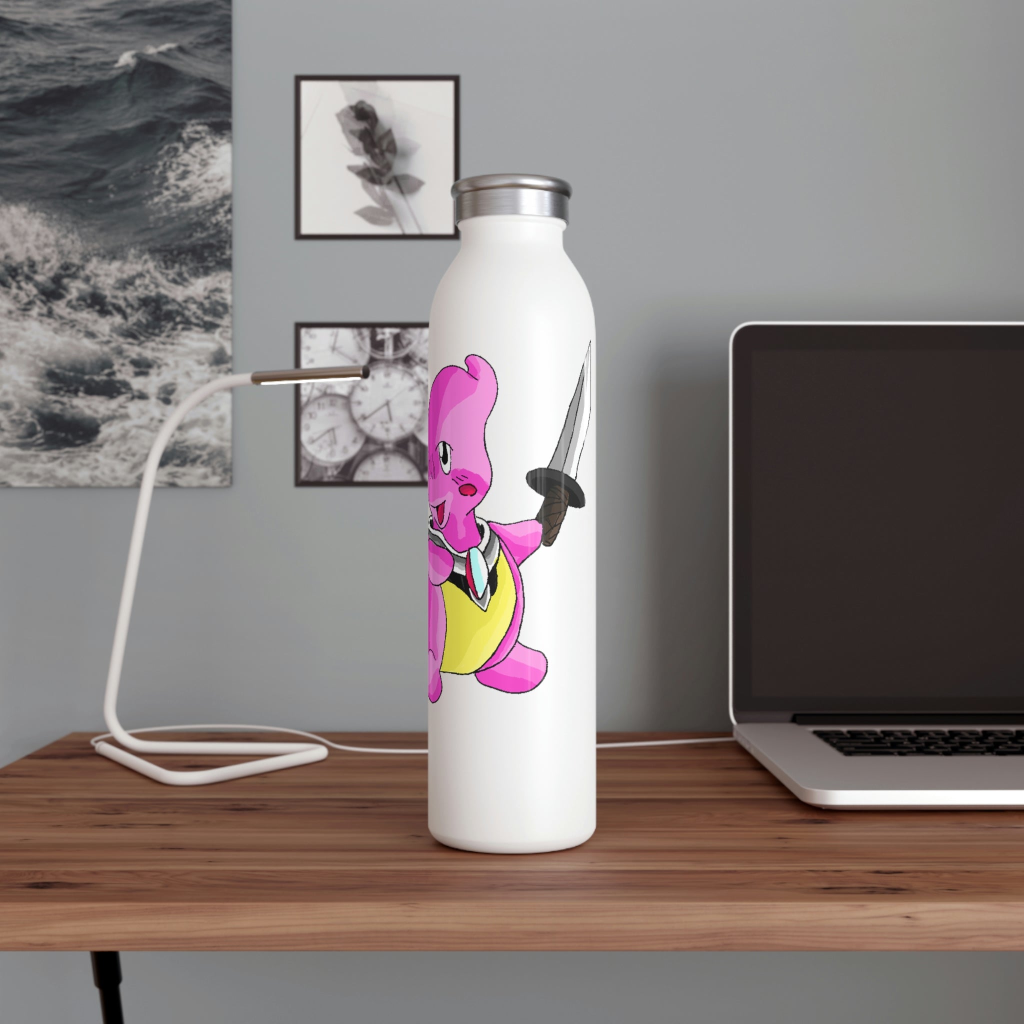 Curswordsman Slim Water Bottle with customizable matte finish and silver stainless steel cap, showcasing vibrant designs.