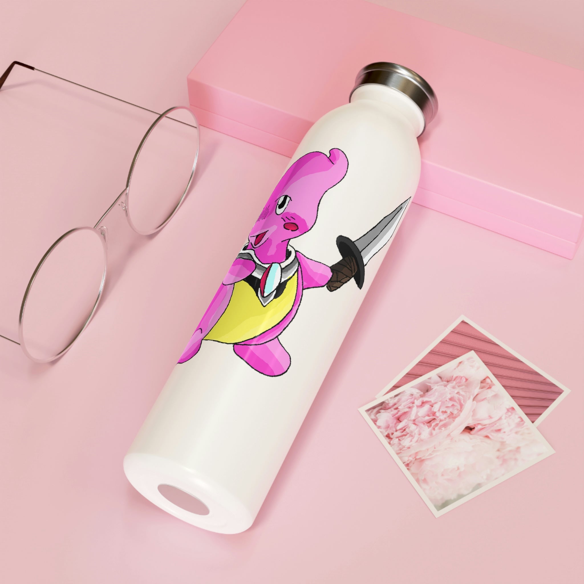 Curswordsman Slim Water Bottle with customizable matte finish and silver stainless steel cap, showcasing vibrant designs.