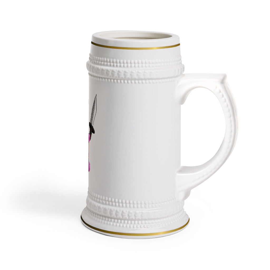 Curswordsman Stein Mug made of durable white ceramic with ribbed outlines and a customizable design.