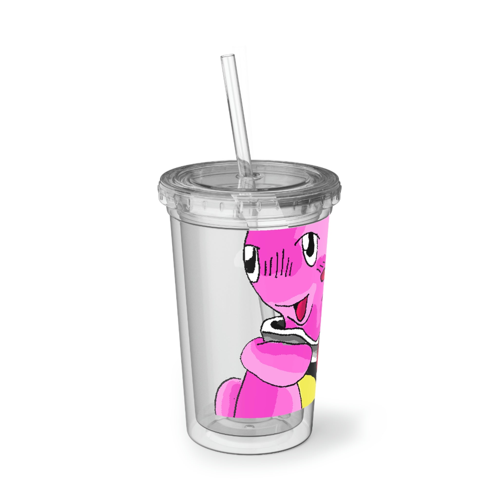 Curswordsman Suave Acrylic Cup with vibrant custom design, featuring a plastic lid and straw, showcasing double-wall insulation.