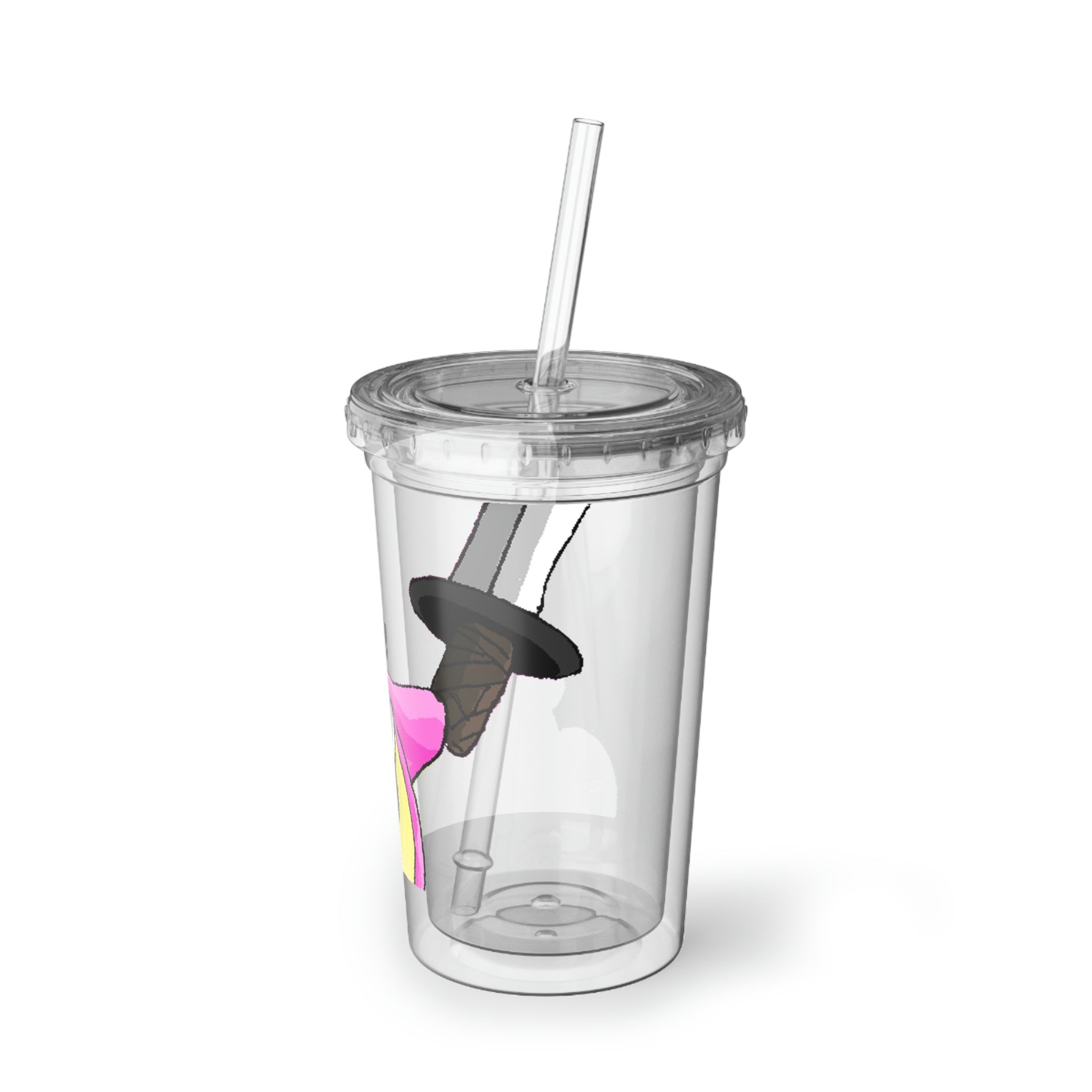 Curswordsman Suave Acrylic Cup with vibrant custom design, featuring a plastic lid and straw, showcasing double-wall insulation.