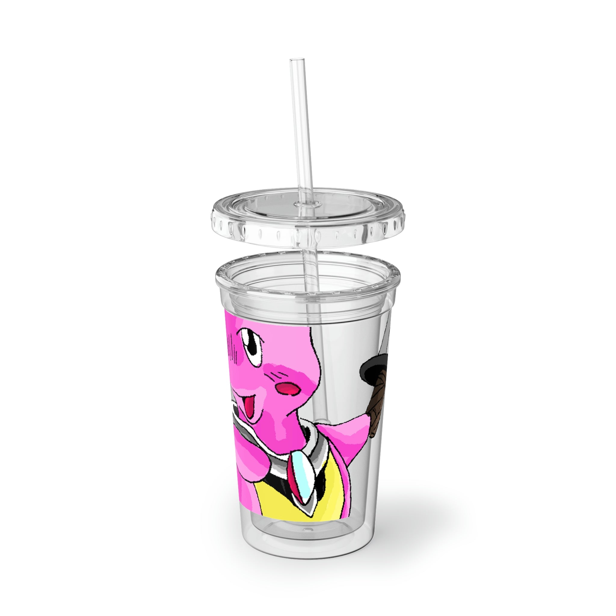 Curswordsman Suave Acrylic Cup with vibrant custom design, featuring a plastic lid and straw, showcasing double-wall insulation.