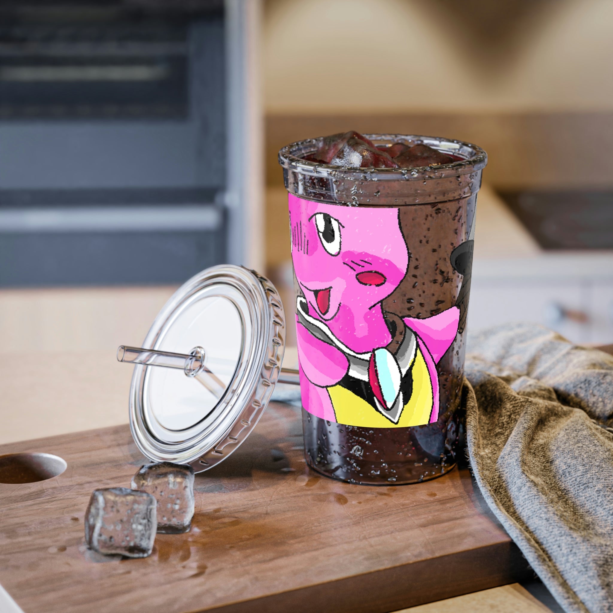 Curswordsman Suave Acrylic Cup with vibrant custom design, featuring a plastic lid and straw, showcasing double-wall insulation.