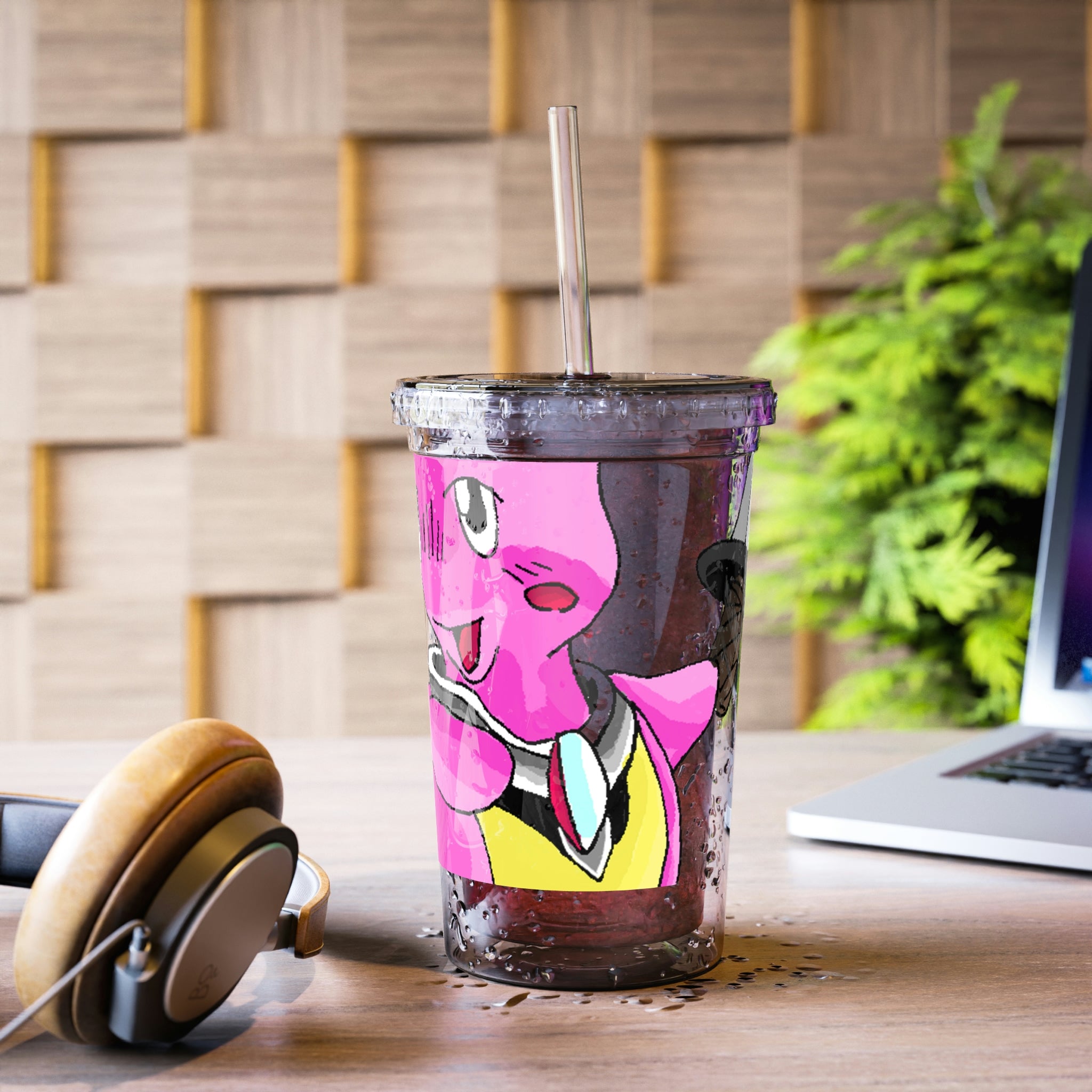 Curswordsman Suave Acrylic Cup with vibrant custom design, featuring a plastic lid and straw, showcasing double-wall insulation.