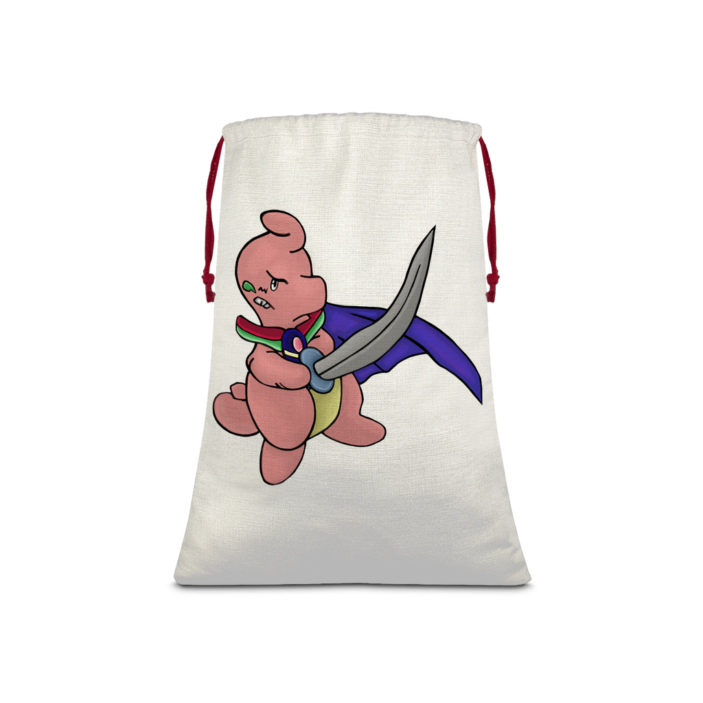 Curswordsman Sublimation Linen Drawstring Sack with red drawstring, showcasing its linen effect and eco-friendly print.