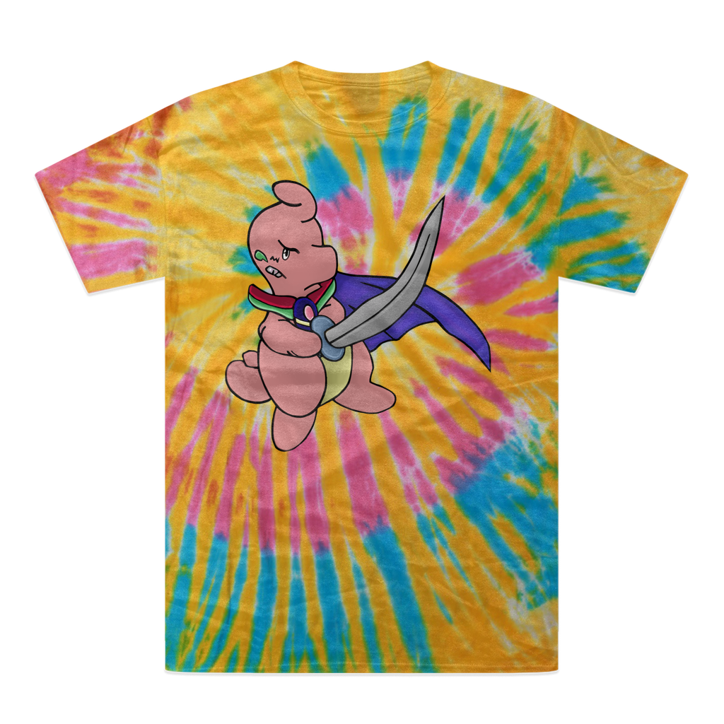 Curswordsman Tie-Dye T-Shirt featuring vibrant colors and a unique design, made from 100% heavyweight cotton with a double-needle stitched neckline.