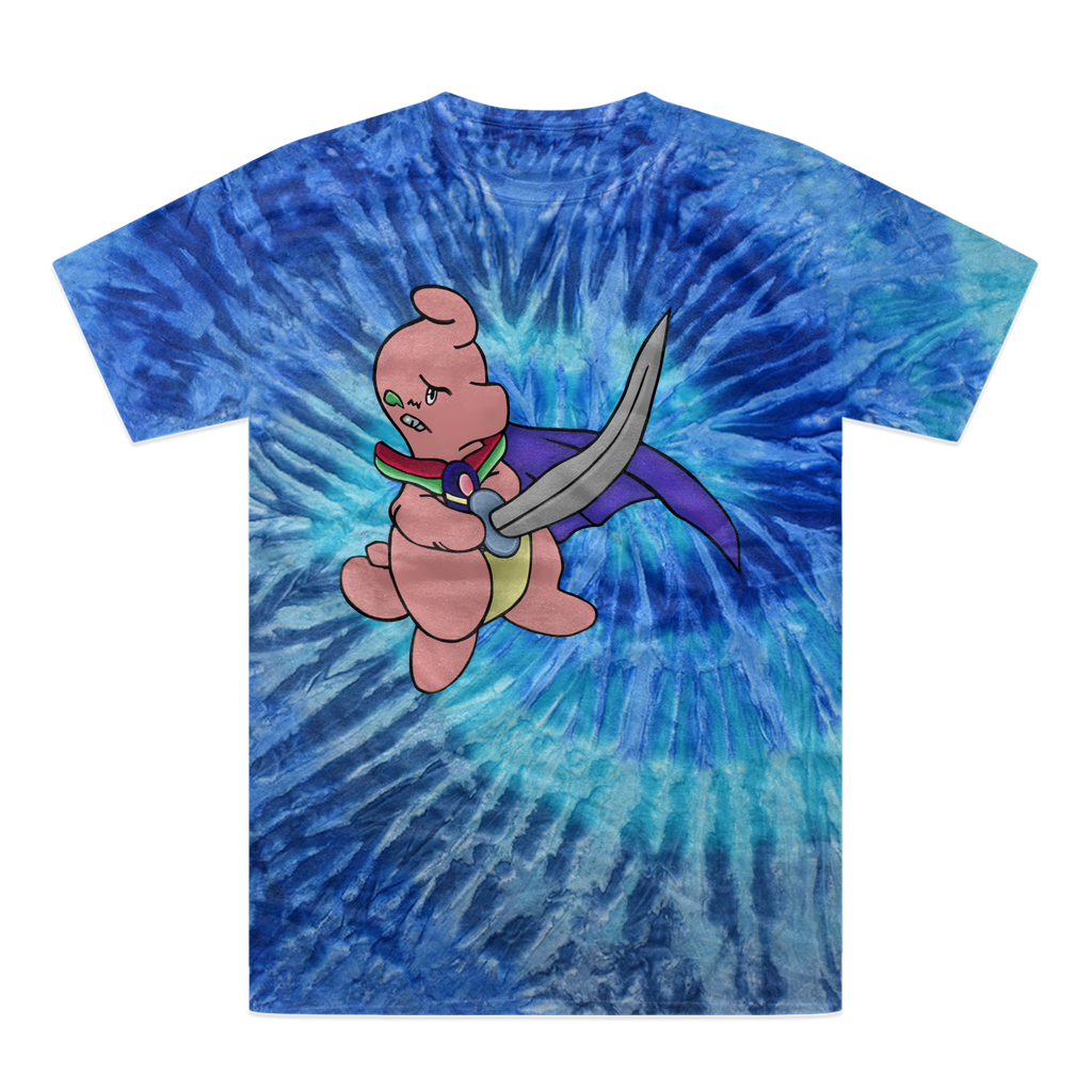 Curswordsman Tie-Dye T-Shirt featuring vibrant colors and a unique design, made from 100% heavyweight cotton with a double-needle stitched neckline.