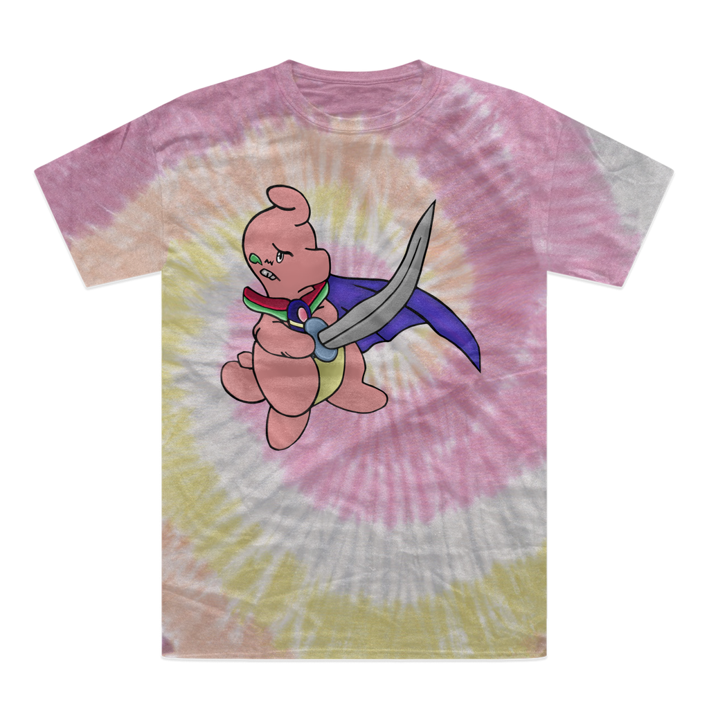 Curswordsman Tie-Dye T-Shirt featuring vibrant colors and a unique design, made from 100% heavyweight cotton with a double-needle stitched neckline.