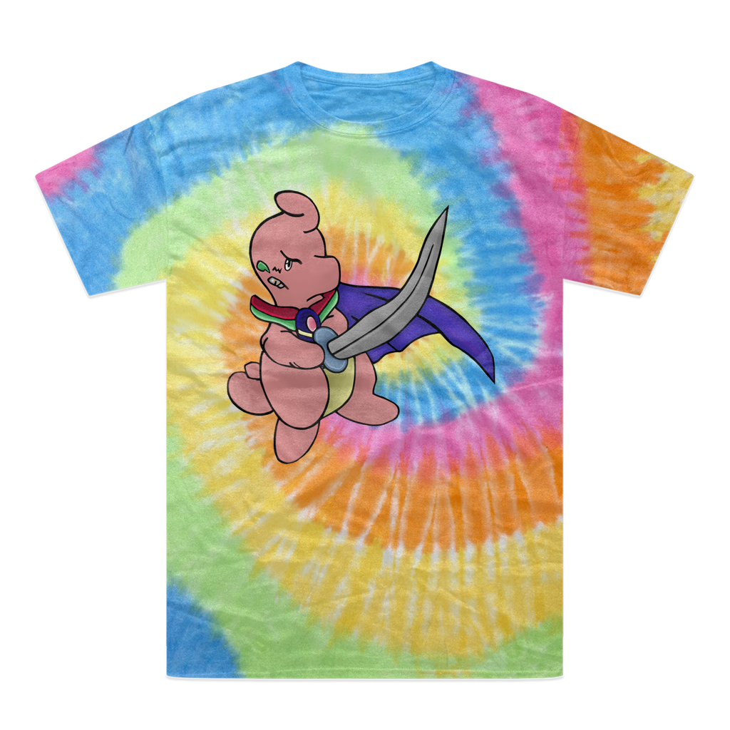 Curswordsman Tie-Dye T-Shirt featuring vibrant colors and a unique design, made from 100% heavyweight cotton with a double-needle stitched neckline.