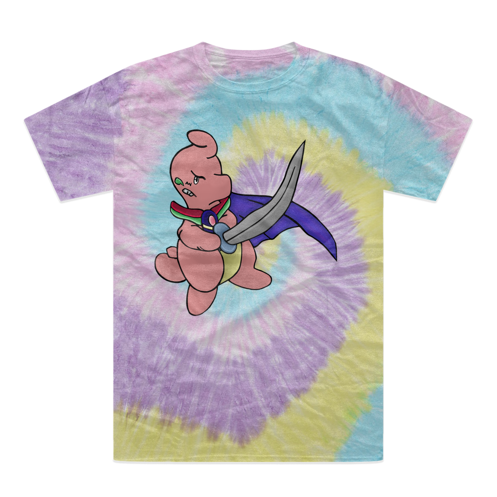 Curswordsman Tie-Dye T-Shirt featuring vibrant colors and a unique design, made from 100% heavyweight cotton with a double-needle stitched neckline.