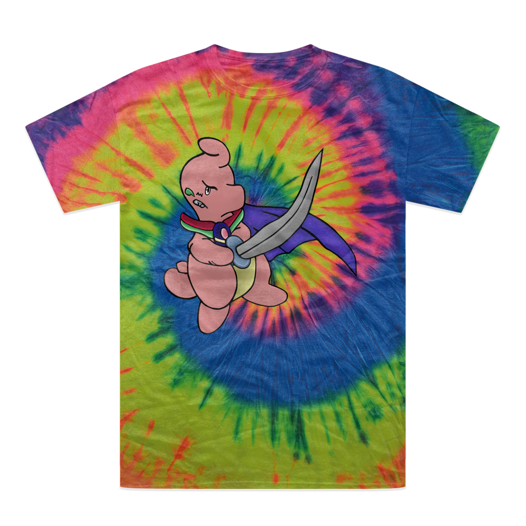 Curswordsman Tie-Dye T-Shirt featuring vibrant colors and a unique design, made from 100% heavyweight cotton with a double-needle stitched neckline.