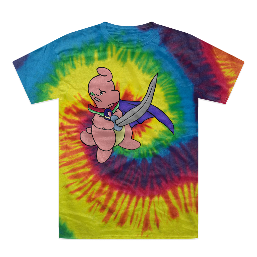 Curswordsman Tie-Dye T-Shirt featuring vibrant colors and a unique design, made from 100% heavyweight cotton with a double-needle stitched neckline.