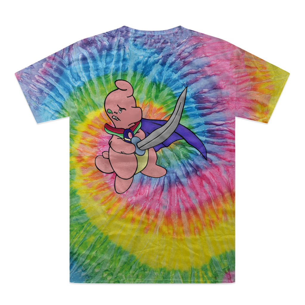 Curswordsman Tie-Dye T-Shirt featuring vibrant colors and a unique design, made from 100% heavyweight cotton with a double-needle stitched neckline.