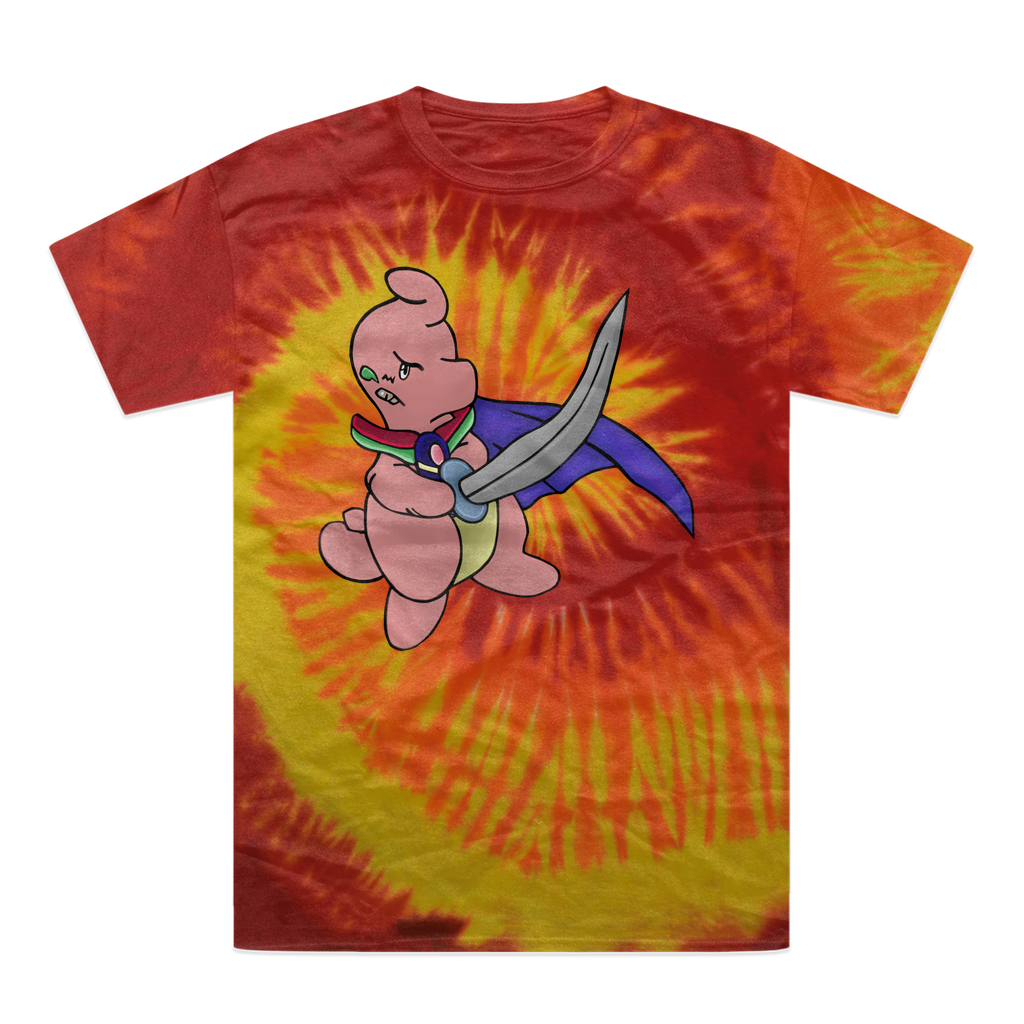 Curswordsman Tie-Dye T-Shirt featuring vibrant colors and a unique design, made from 100% heavyweight cotton with a double-needle stitched neckline.