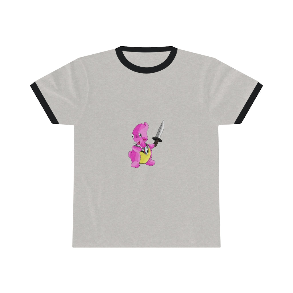 Curswordsman Unisex Ringer Tee showcasing its stylish design and vibrant colors.