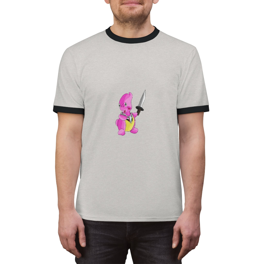 Curswordsman Unisex Ringer Tee showcasing its stylish design and vibrant colors.