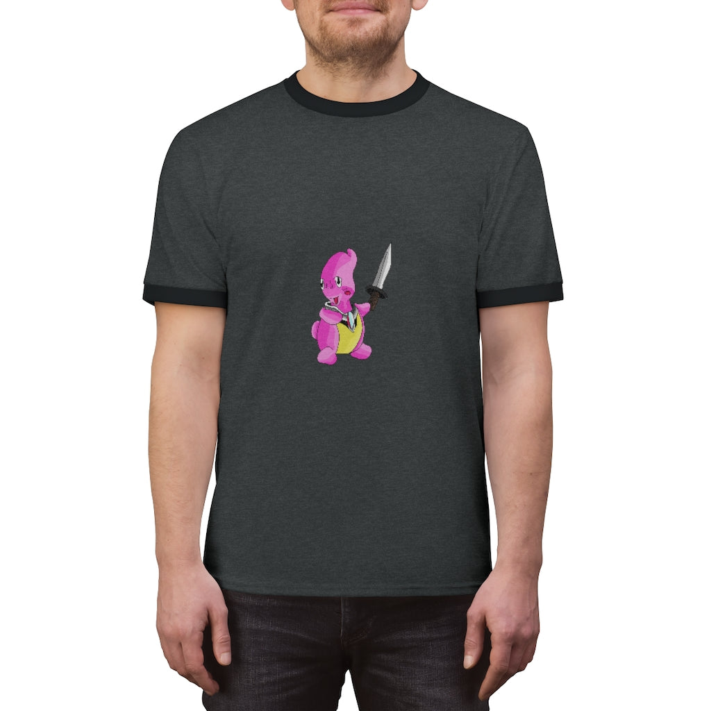 Curswordsman Unisex Ringer Tee showcasing its stylish design and vibrant colors.