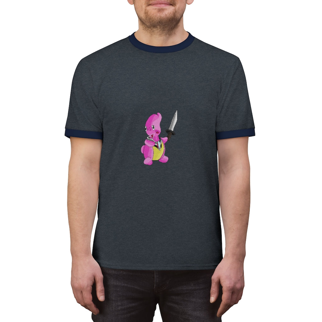 Curswordsman Unisex Ringer Tee showcasing its stylish design and vibrant colors.