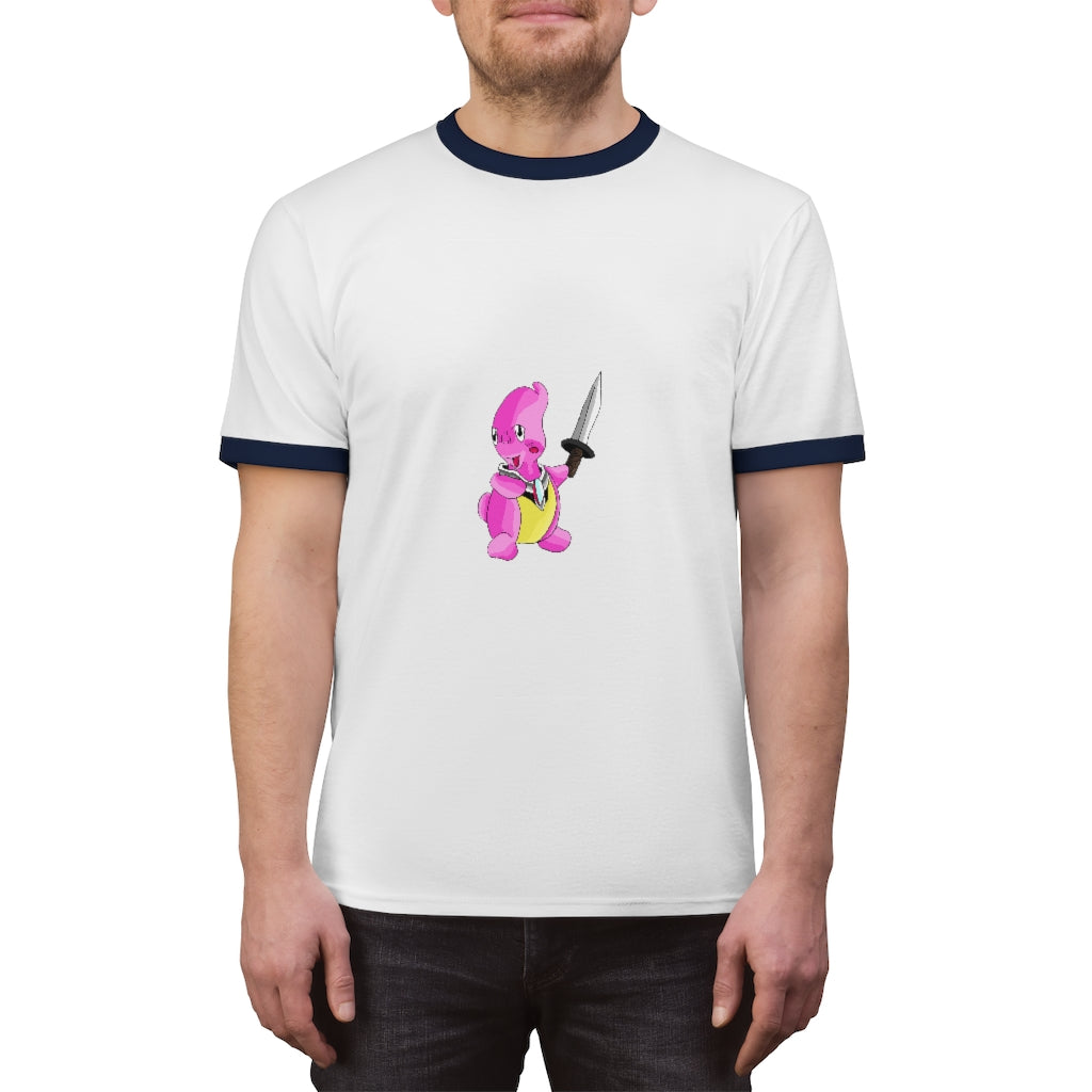 Curswordsman Unisex Ringer Tee showcasing its stylish design and vibrant colors.