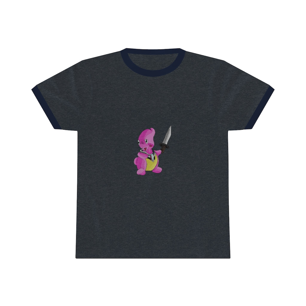 Curswordsman Unisex Ringer Tee showcasing its stylish design and vibrant colors.