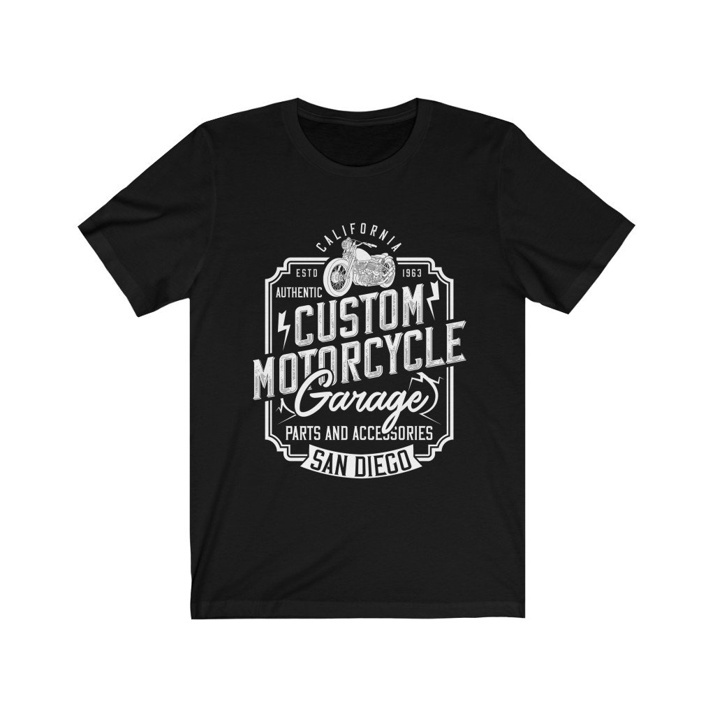 Custom Motorcycle Garage T-Shirt made of soft cotton with vinyl print, showcasing a unisex design suitable for all motorcycle enthusiasts.