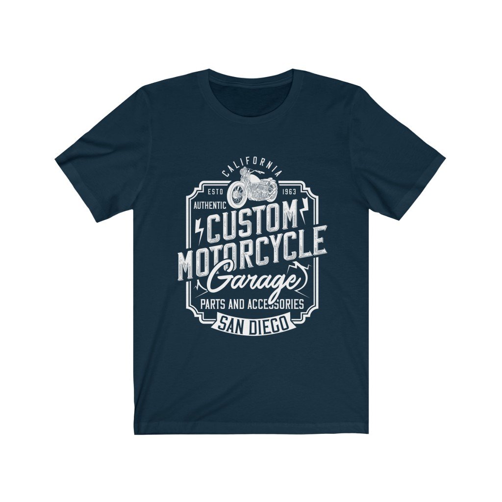 Custom Motorcycle Garage T-Shirt made of soft cotton with vinyl print, showcasing a unisex design suitable for all motorcycle enthusiasts.