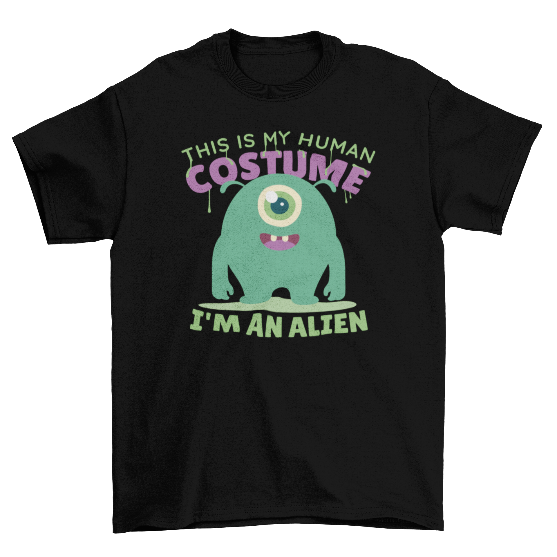 Cute cartoon t-shirt featuring a green alien and humorous quote about being an alien.