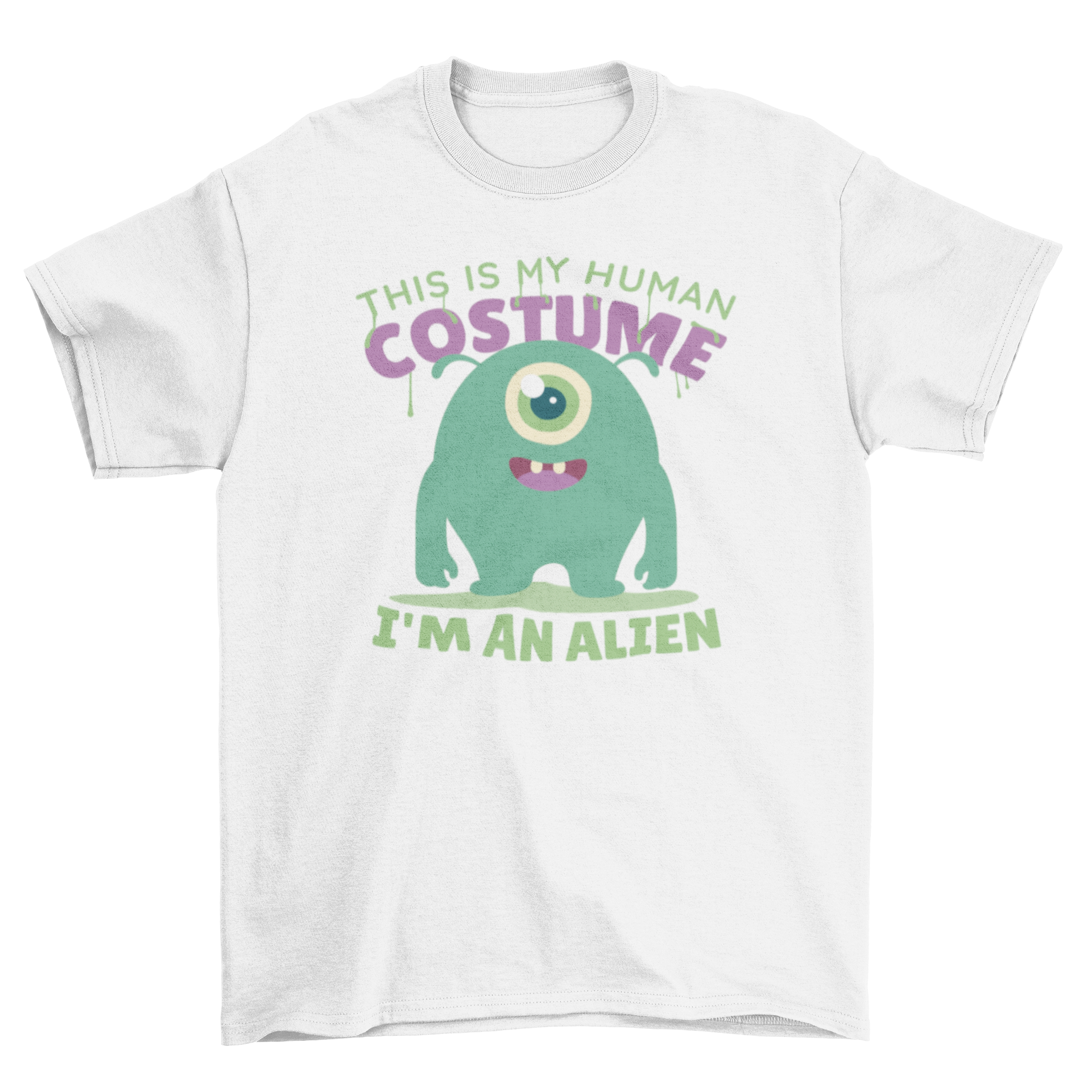 Cute cartoon t-shirt featuring a green alien and humorous quote about being an alien.