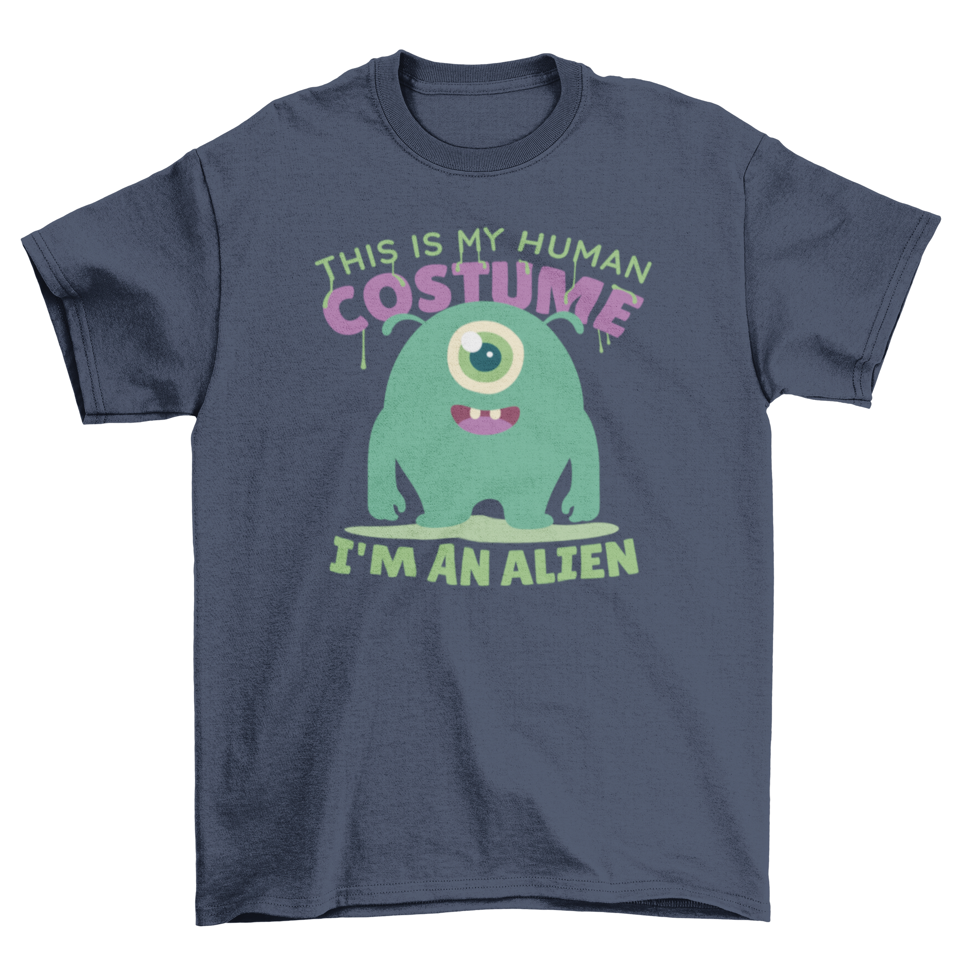 Cute cartoon t-shirt featuring a green alien and humorous quote about being an alien.