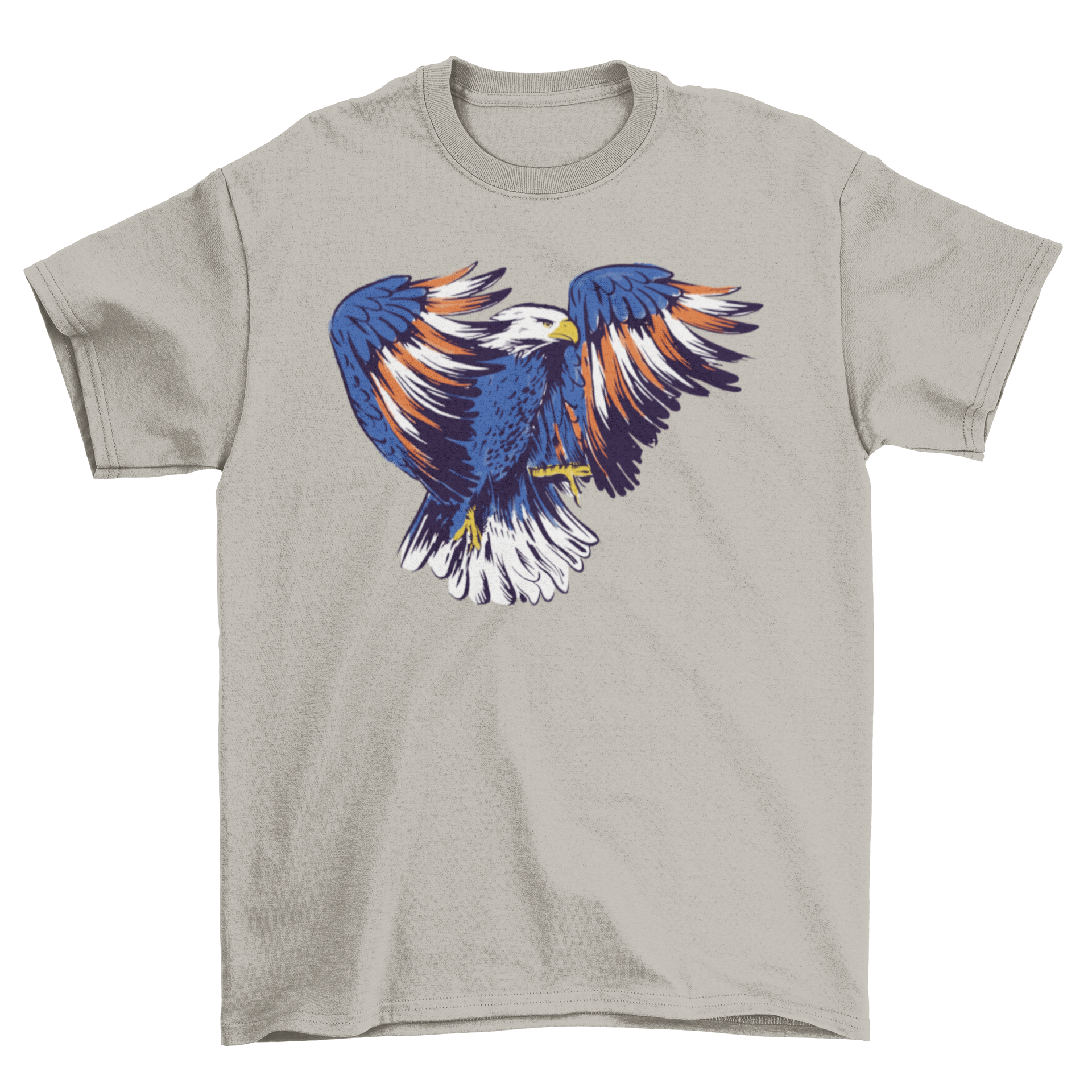 A cute t-shirt featuring a colorful eagle illustration in red, white, and blue, symbolizing American patriotism.