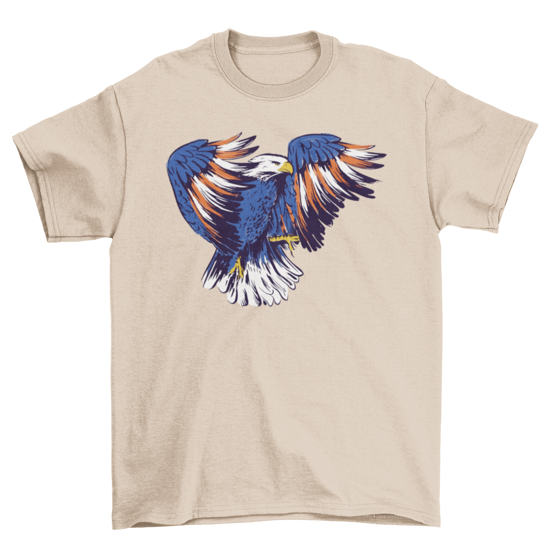 A cute t-shirt featuring a colorful eagle illustration in red, white, and blue, symbolizing American patriotism.