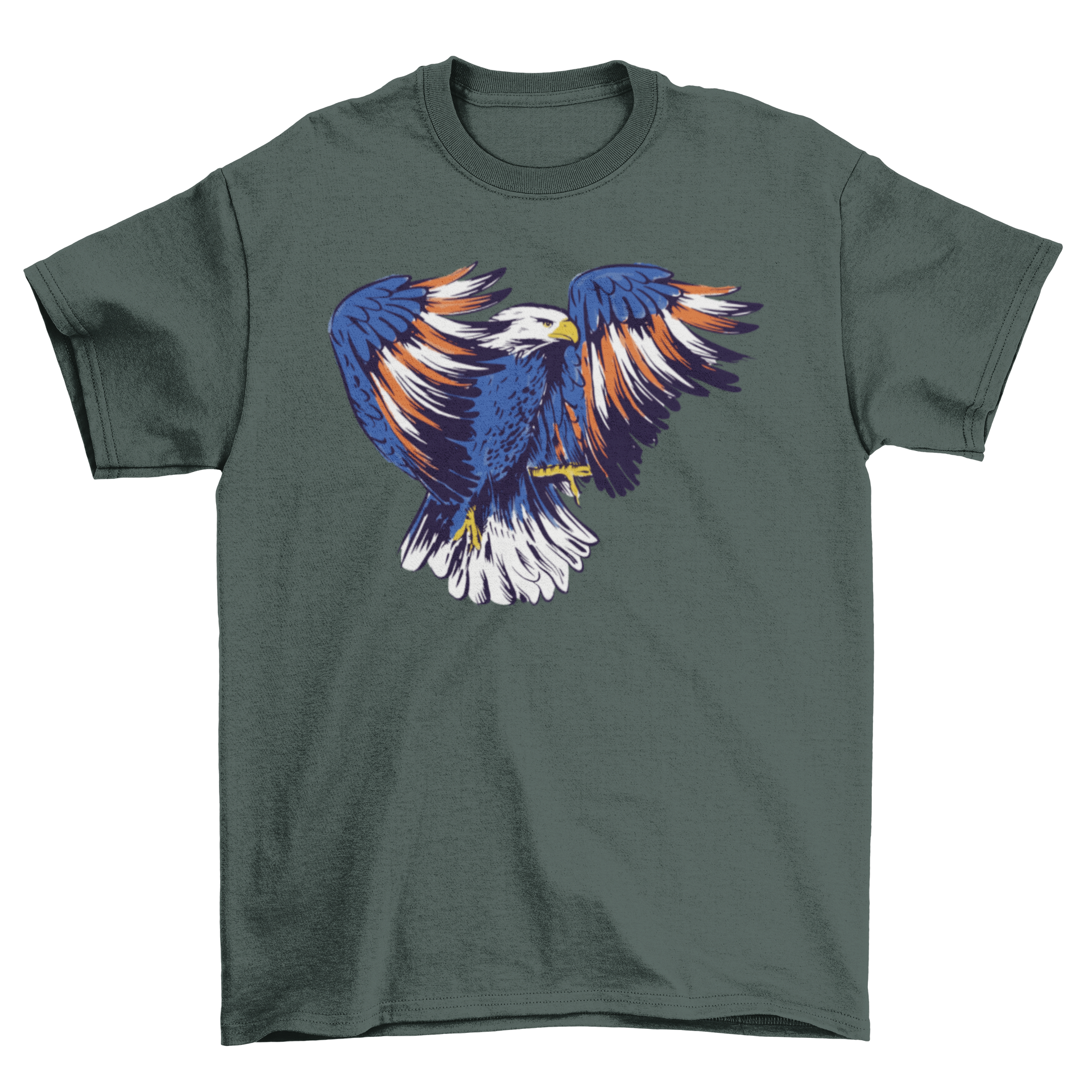 A cute t-shirt featuring a colorful eagle illustration in red, white, and blue, symbolizing American patriotism.