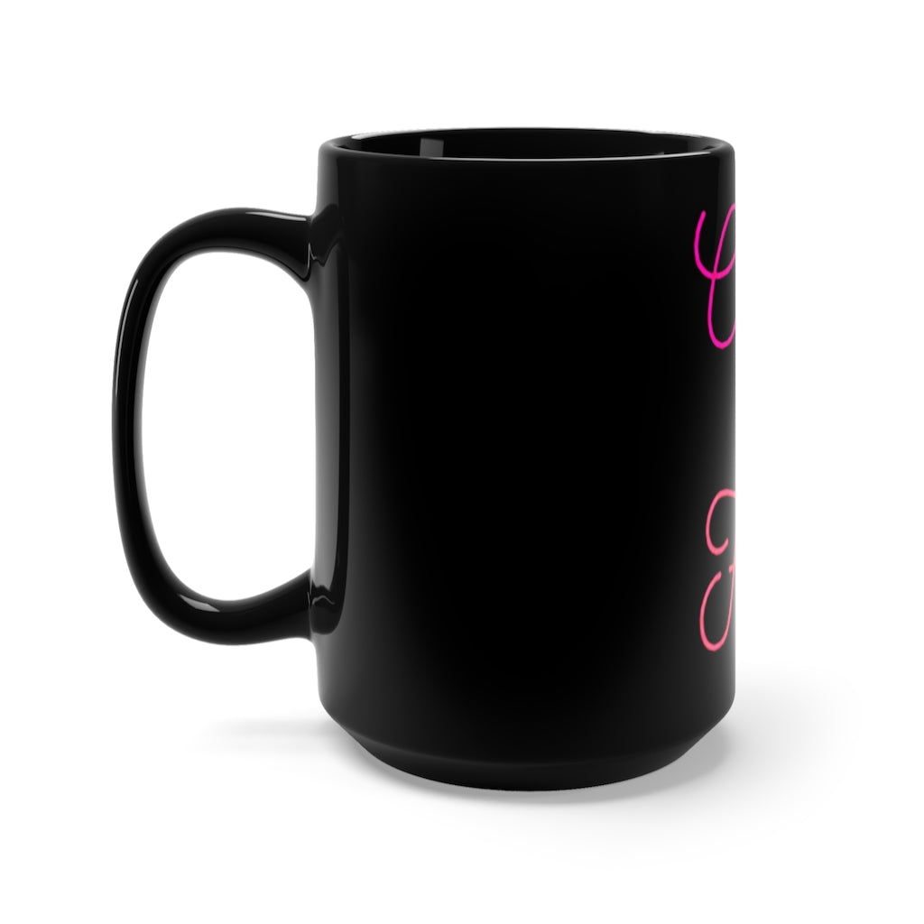 Cute and Fun Black Mug 15oz with rounded corners and C-handle, perfect for coffee and tea lovers.