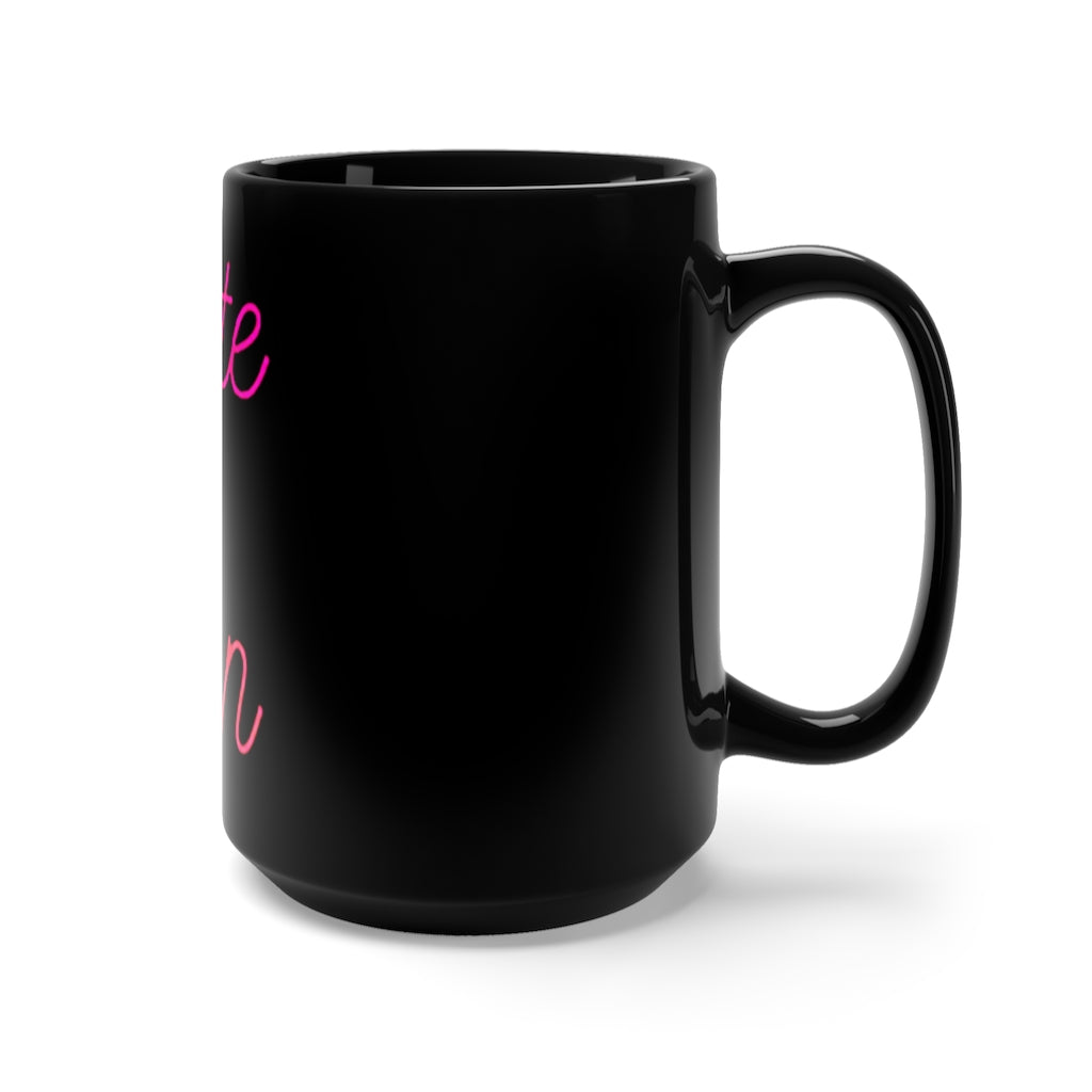 Cute and Fun Black Mug 15oz with rounded corners and C-handle, perfect for coffee and tea lovers.