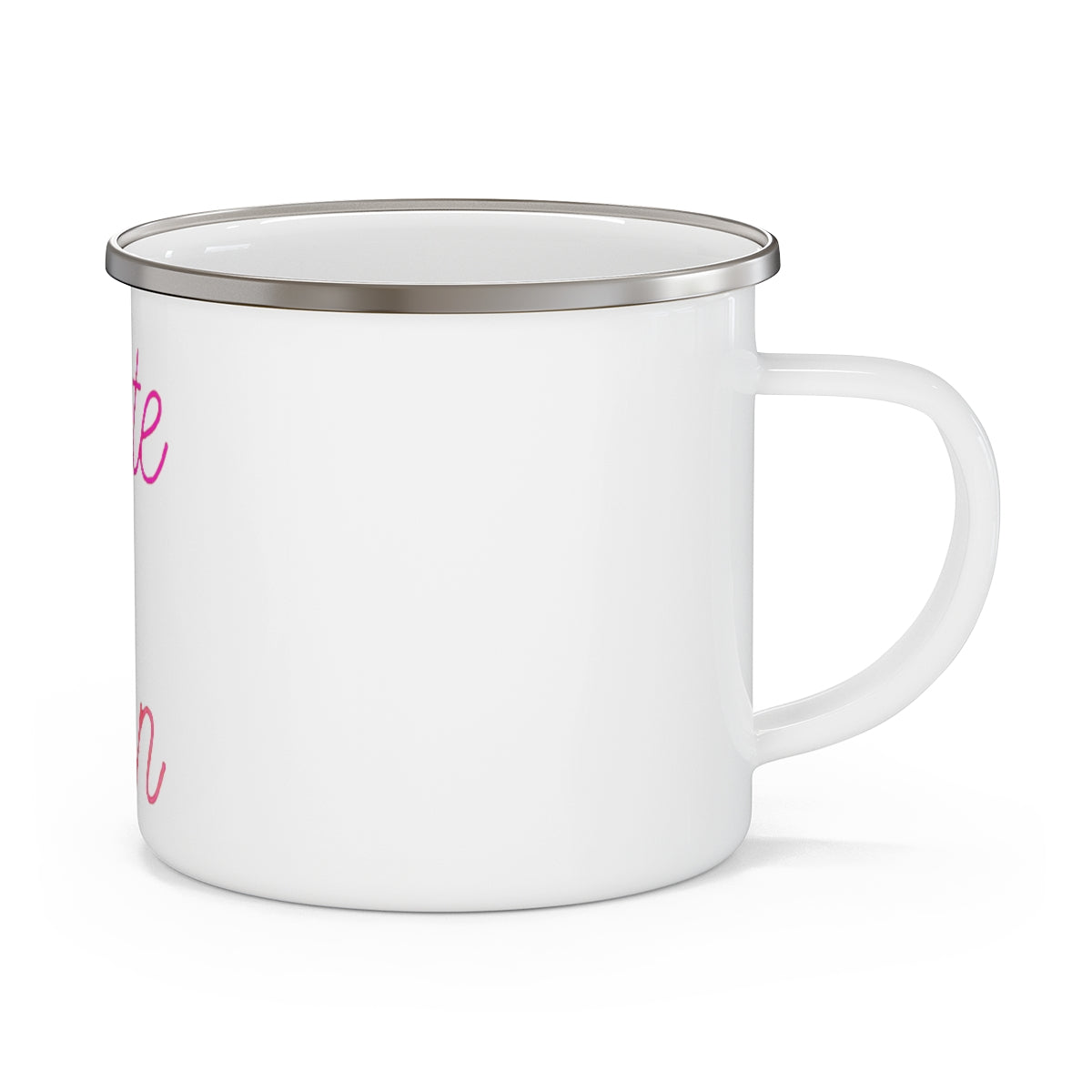 A cute and colorful enamel camping mug with a C-handle, perfect for outdoor adventures and personalized designs.