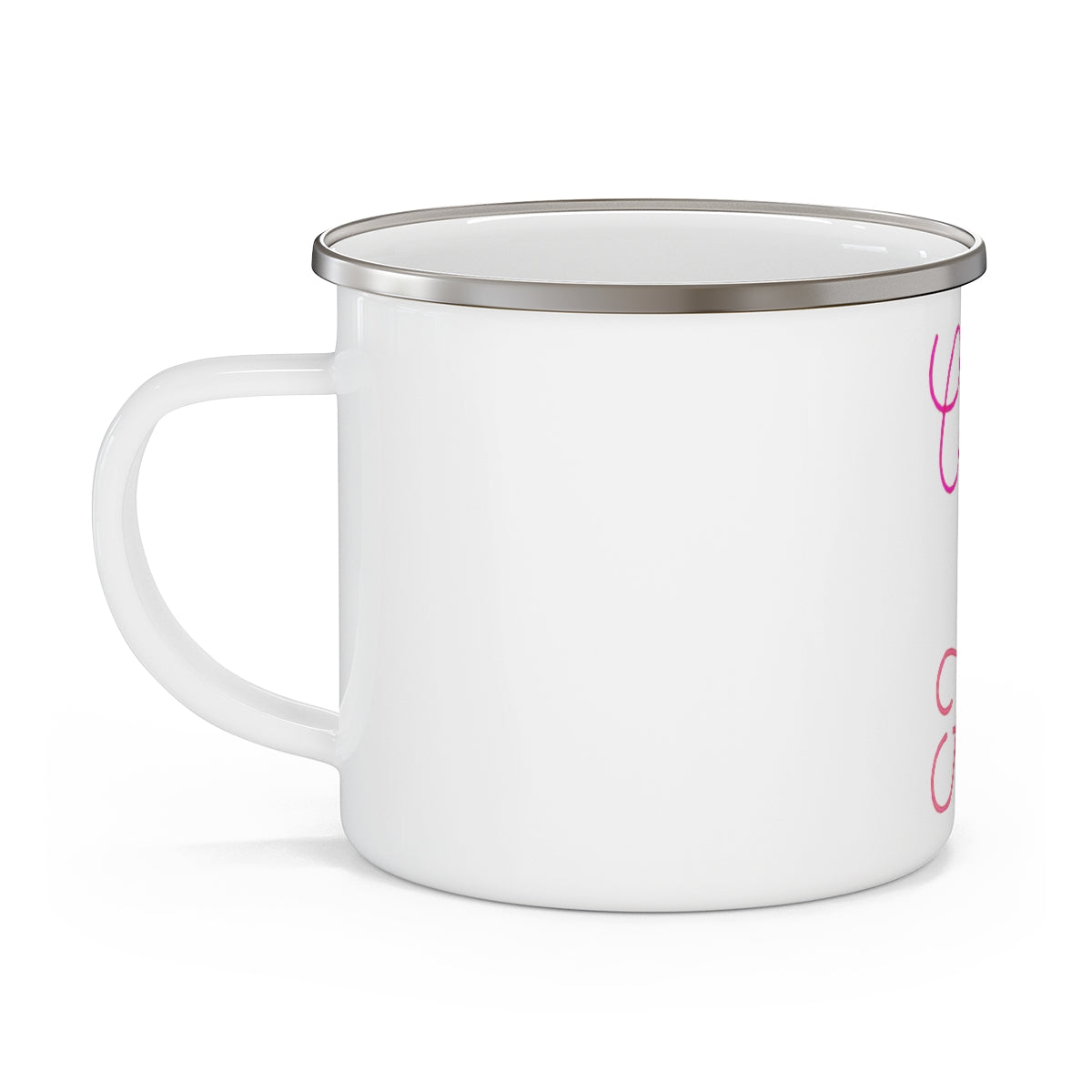 A cute and colorful enamel camping mug with a C-handle, perfect for outdoor adventures and personalized designs.