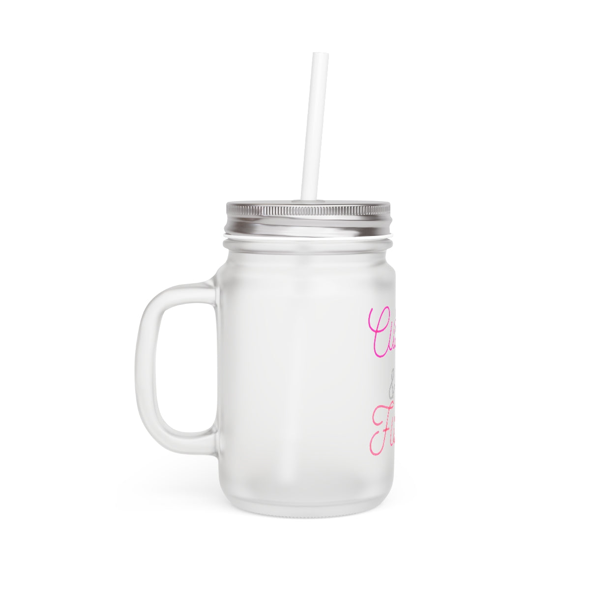 A cute and fun personalized mason jar made of frosted glass, featuring a straw and lid, perfect for drinks.