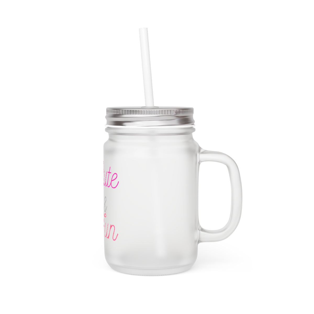 A cute and fun personalized mason jar made of frosted glass, featuring a straw and lid, perfect for drinks.