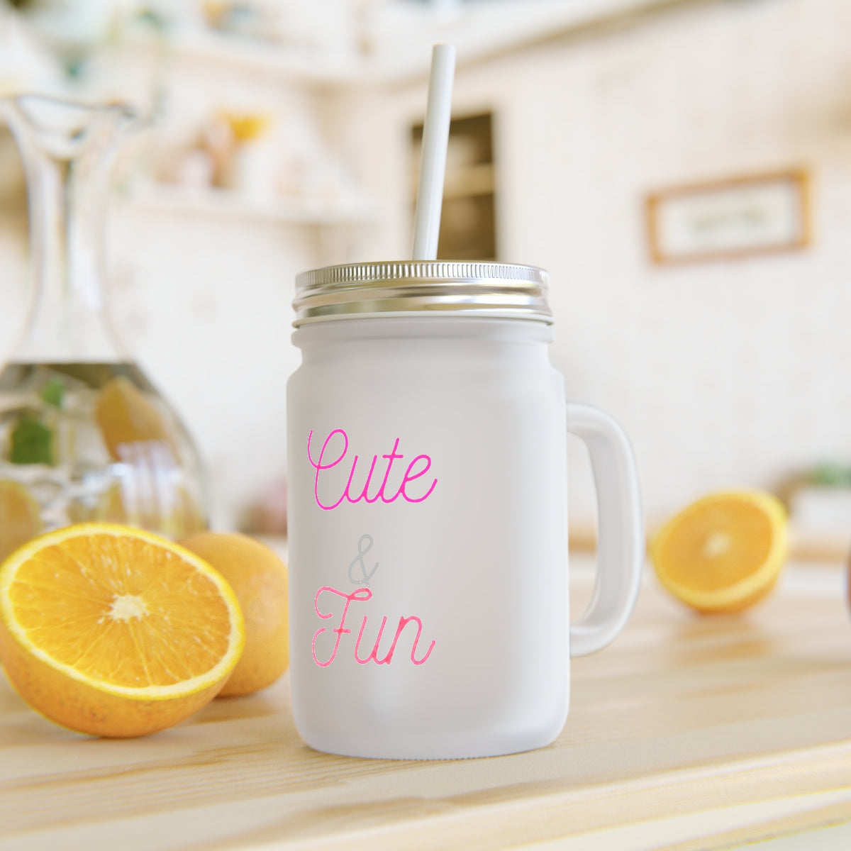 A cute and fun personalized mason jar made of frosted glass, featuring a straw and lid, perfect for drinks.