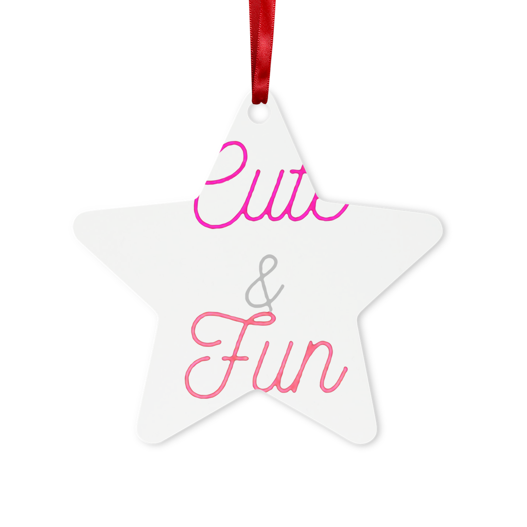 Cute and Fun Metal Hanging Ornament in hexagon and star shapes, featuring a glossy white finish and red ribbon for hanging.