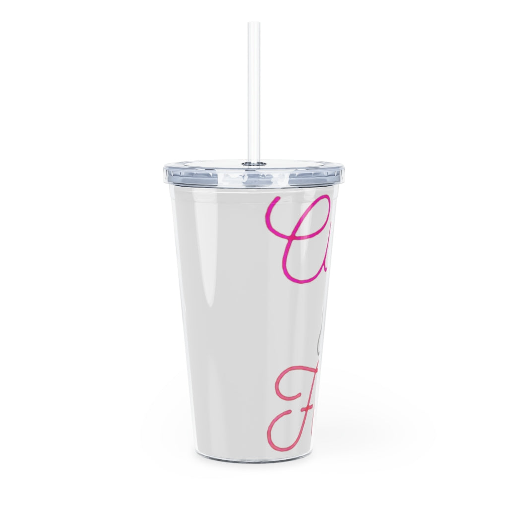 A colorful plastic tumbler with a straw and lid, showcasing a customizable design, perfect for parties and gatherings.