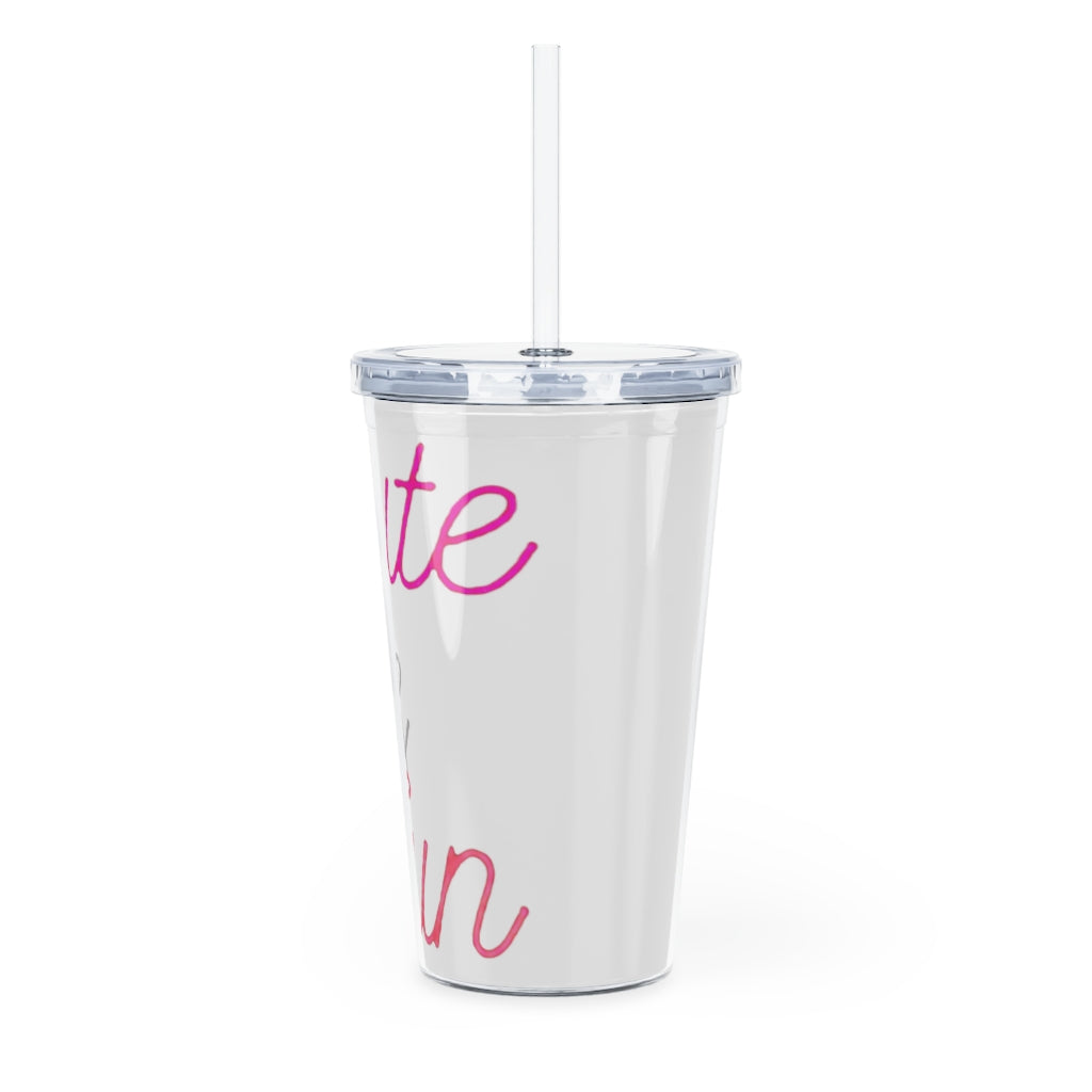 A colorful plastic tumbler with a straw and lid, showcasing a customizable design, perfect for parties and gatherings.