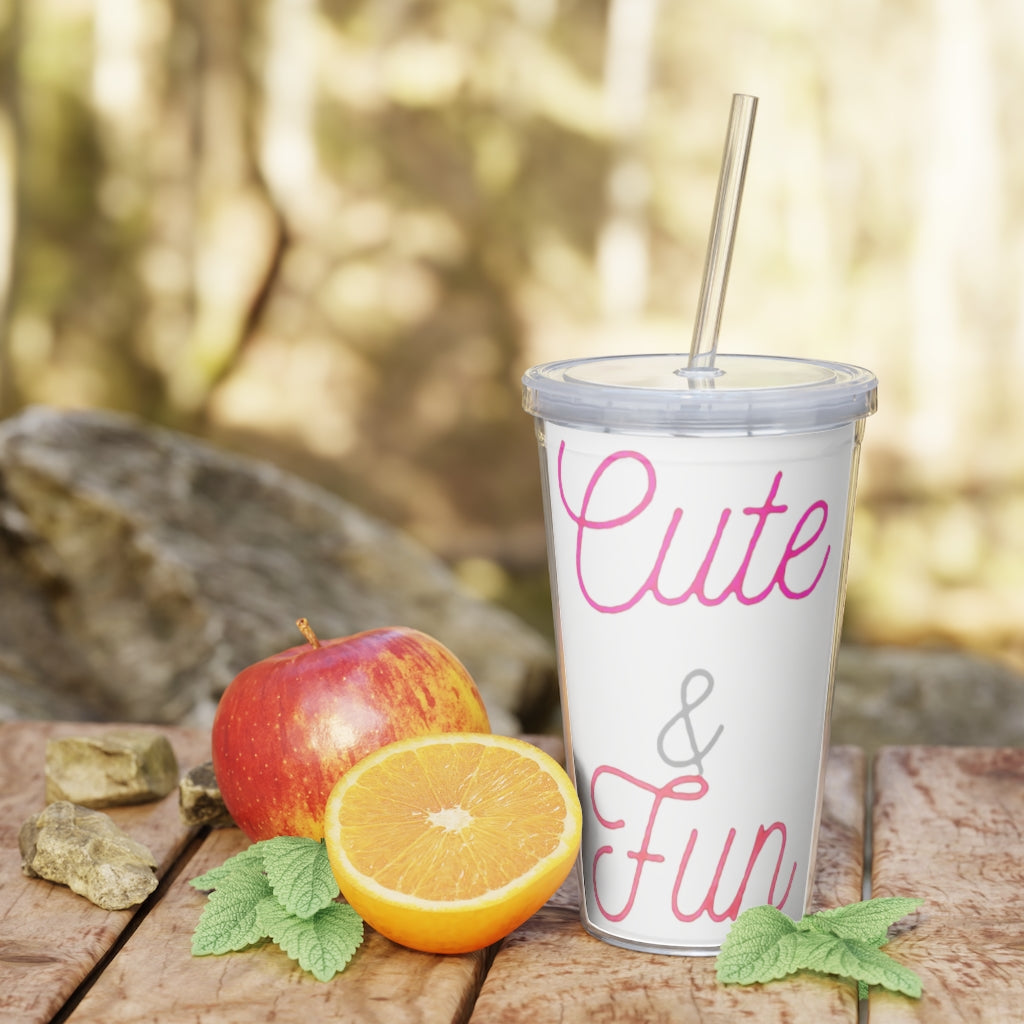 A colorful plastic tumbler with a straw and lid, showcasing a customizable design, perfect for parties and gatherings.