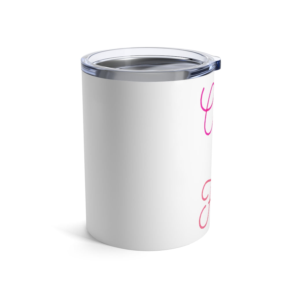 Cute and Fun Tumbler 10oz made of stainless steel with a see-thru plastic lid, showcasing its stylish design and compact size.